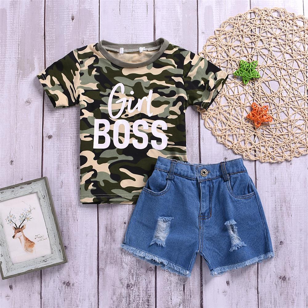 Unisex Boy Boss Girl Boss Camo Printed Short Sleeve Top & Ripped Denim Shorts quality children's clothing wholesale