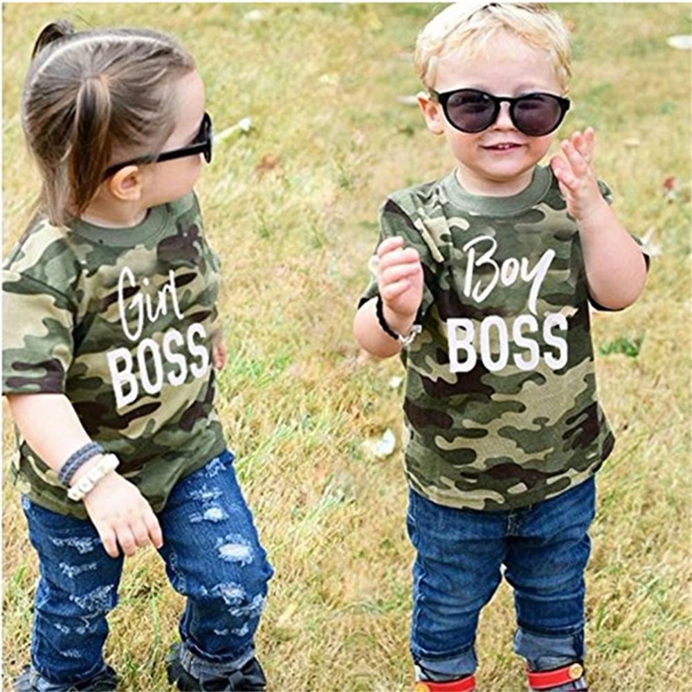 Unisex Boy Boss Girl Boss Camo Printed Short Sleeve Top & Ripped Denim Shorts quality children's clothing wholesale