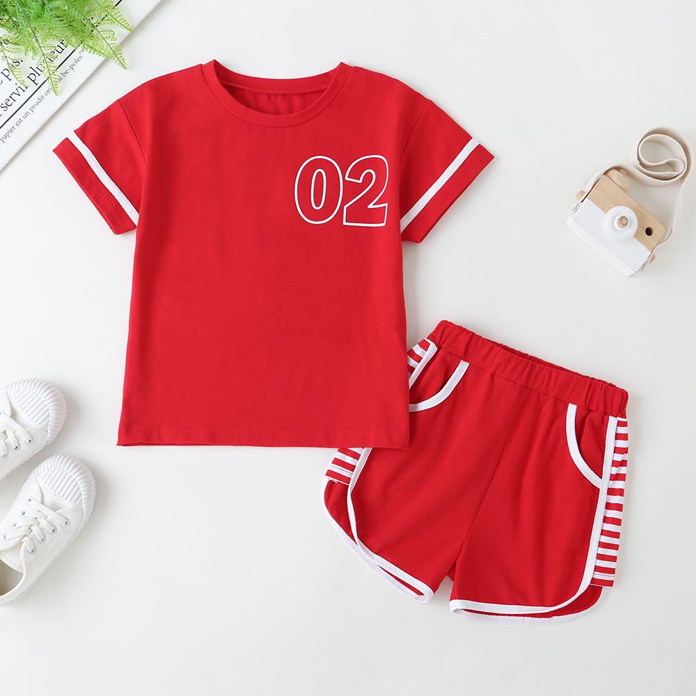 Boy Red Print Shirt Boy + Red Casual Shorts Sports Two-Piece Suit Boy Wholesale Clothing