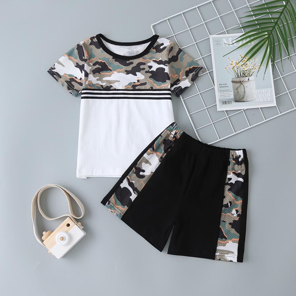 Boy'S Suit Summer New Children'S Male Treasure Short-Sleeved Camouflage Contrast Short-Sleeved Two-Piece Shorts Wholesale Boy Clothes