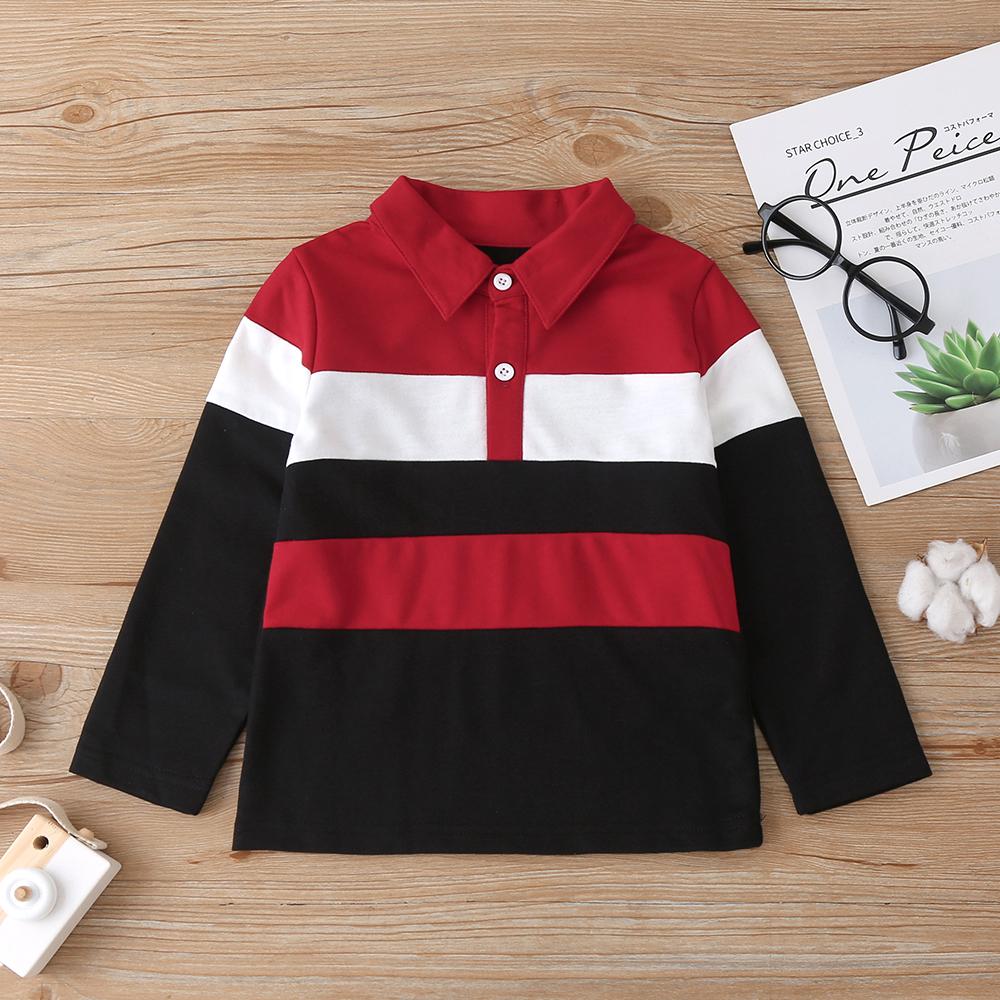 Boy'S Top Autumn New Product Color Matching Lapel Long-Sleeved T-Shirt Korean Casual Top Boy Clothing Wholesale