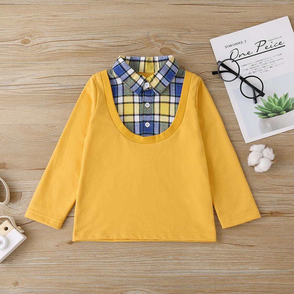 Boy'S Top Autumn New Product Plaid Fake Two-Piece Lapel Long-Sleeved Top Casual T-Shirt Wholesale Boy Clothing