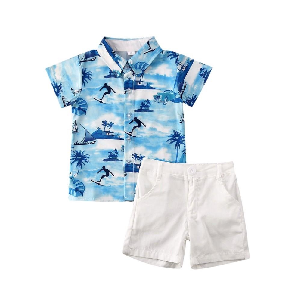 Boys Summer Boys' Blue Lapel Short Sleeve Shirt & Shorts Boy Summer Outfits