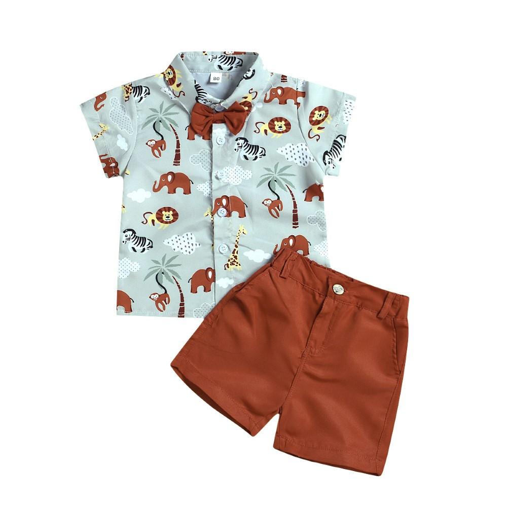Boys Summer Boys' Cartoon Animal Print Lapel Short Sleeve Shirt & Bow Tie & Shorts Wholesale Boy Boutique Clothing