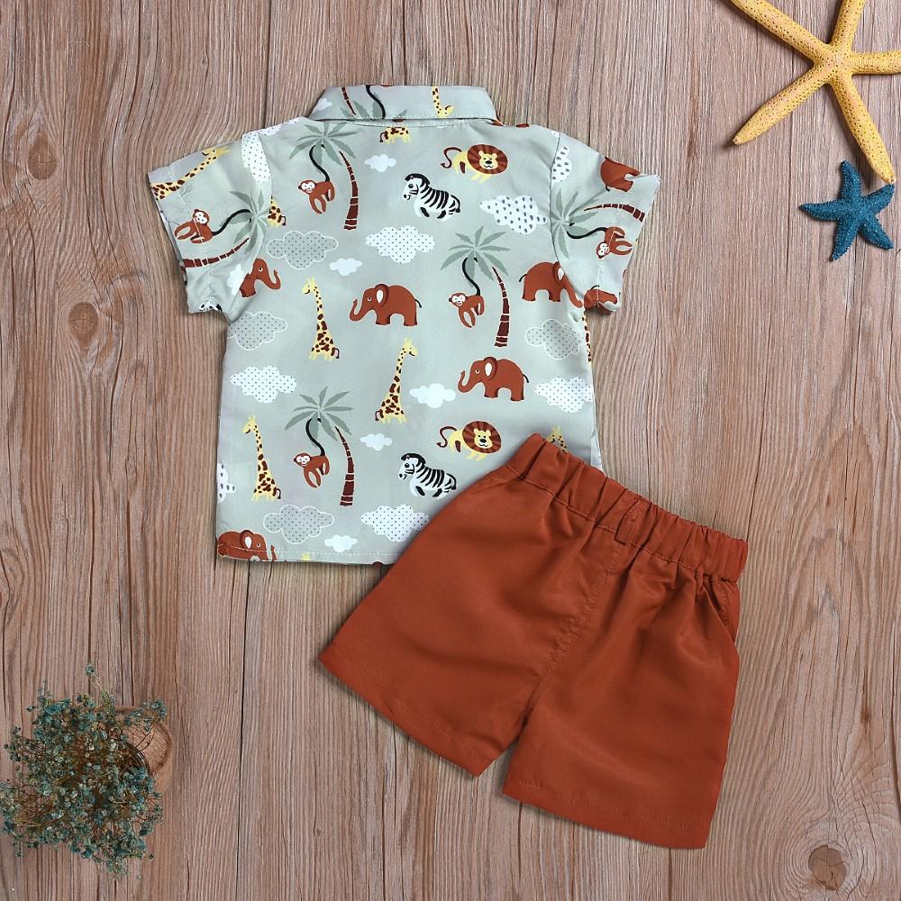 Boys Summer Boys' Cartoon Animal Print Lapel Short Sleeve Shirt & Bow Tie & Shorts Wholesale Boy Boutique Clothing
