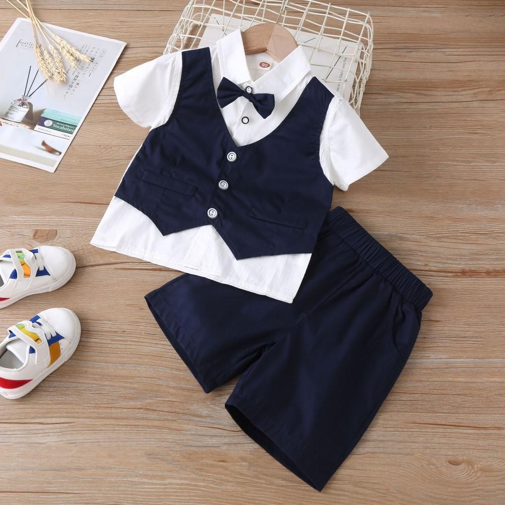 Boys Summer Boys' Gentleman Short Sleeve Fake Vest & Shorts Wholesale Kidswear