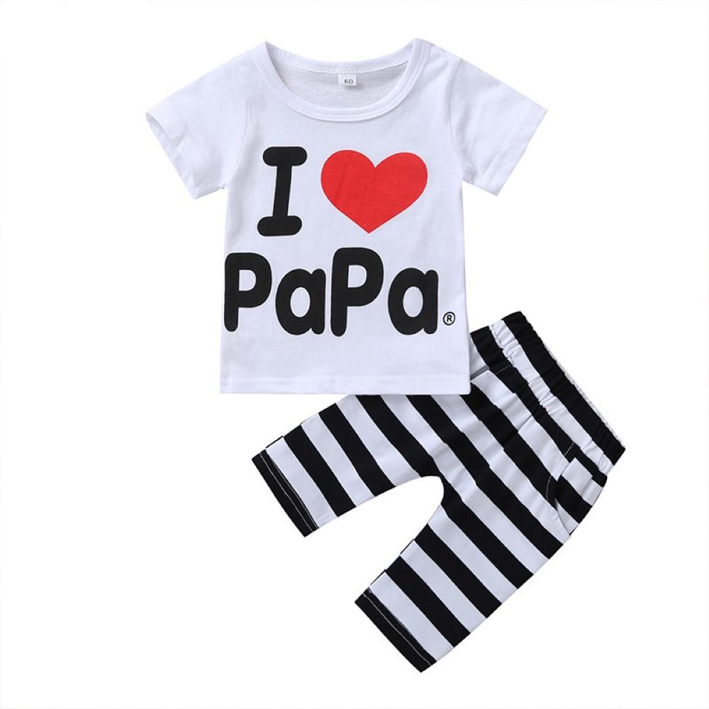 Boys Summer Boys' Letter Printed Round Neck Short Sleeve T-Shirt & Striped Pants Wholesale Boys Suits