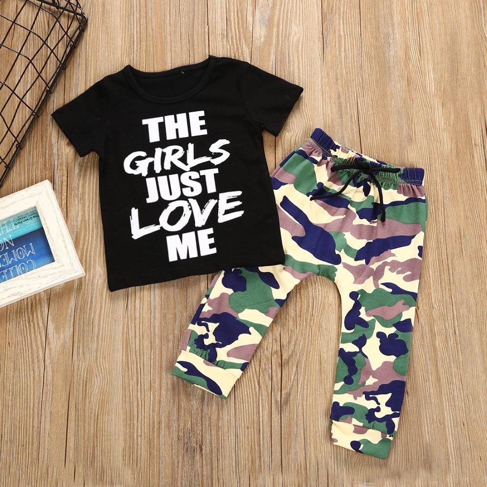 Boys Summer Boys' Letter Printed Short Sleeve T-Shirt & Camouflage Pants Wholesale Kidswear