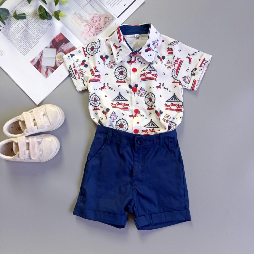 Boys Summer Boys' Printed Lapel Short Sleeve Shirt & Shorts Boy Clothes Wholesale