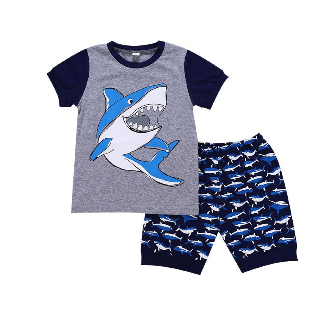 Boys Summer Boys' Shark Print Crew Neck Short Sleeve T-Shirt & Shorts Children Hats Wholesale