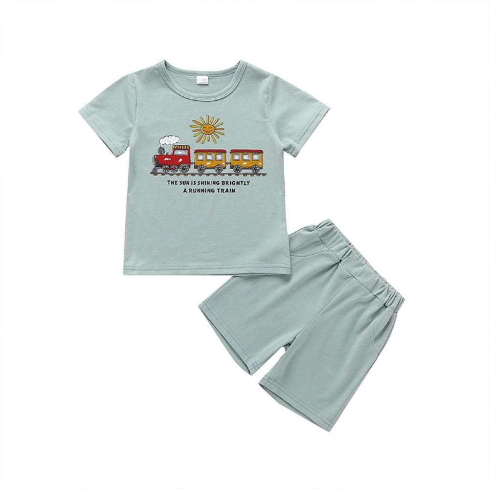 Boys Summer Boys' Train Printed Crew Neck Short Sleeve T-Shirt & Shorts Wholesale Boy Boutique Clothing