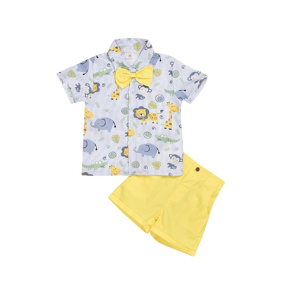 Boys Summer Boys' Yellow Bow & Cartoon Animal Print Short Sleeve & Shorts Wholesale Boy Clothes