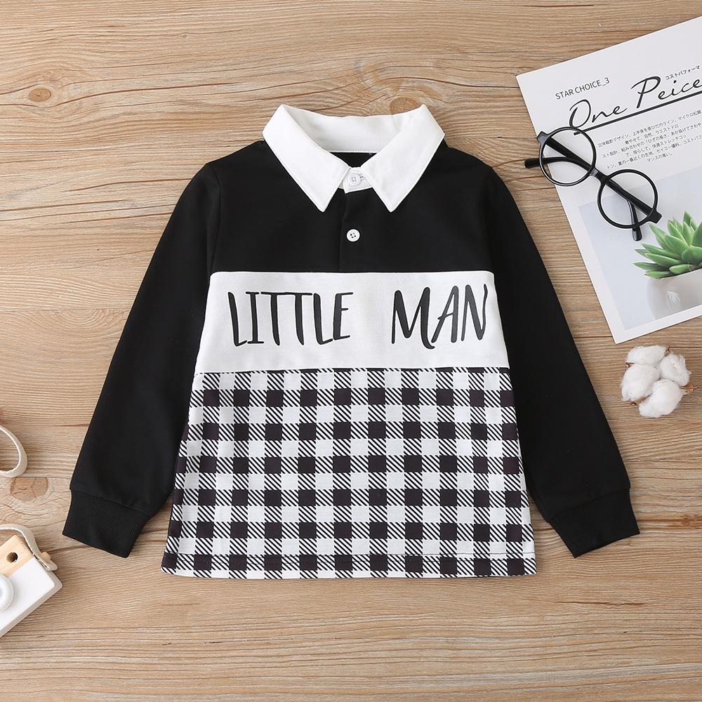 Boys' Tops, Children'S Clothing, New Products For Autumn, Letter Plaid Printing Stitching Long-Sleeved Tops Wholesale Toddler Boy Clothing