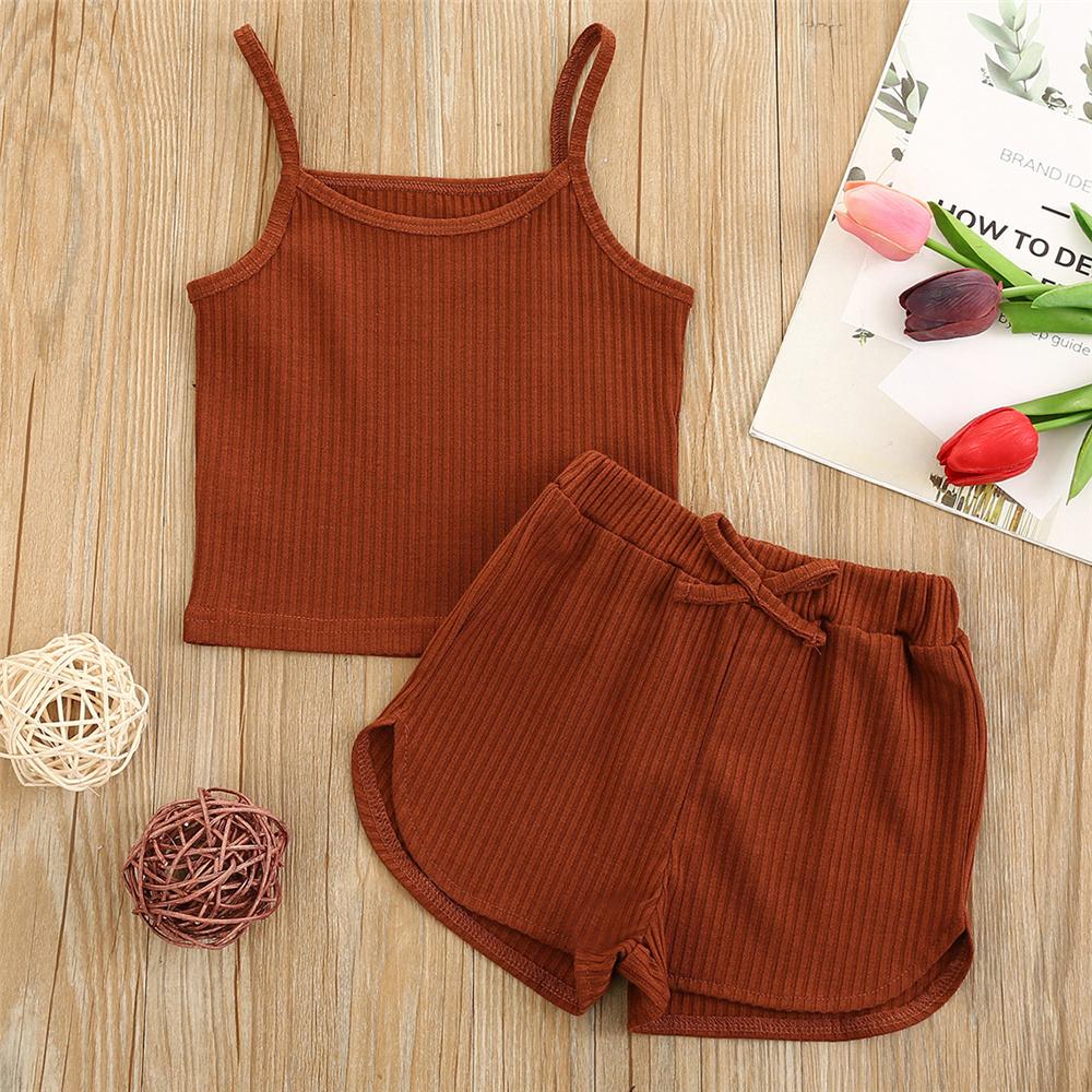Girls Brown Solid Color Suspender Top & Shorts Wholesale Clothing For Children