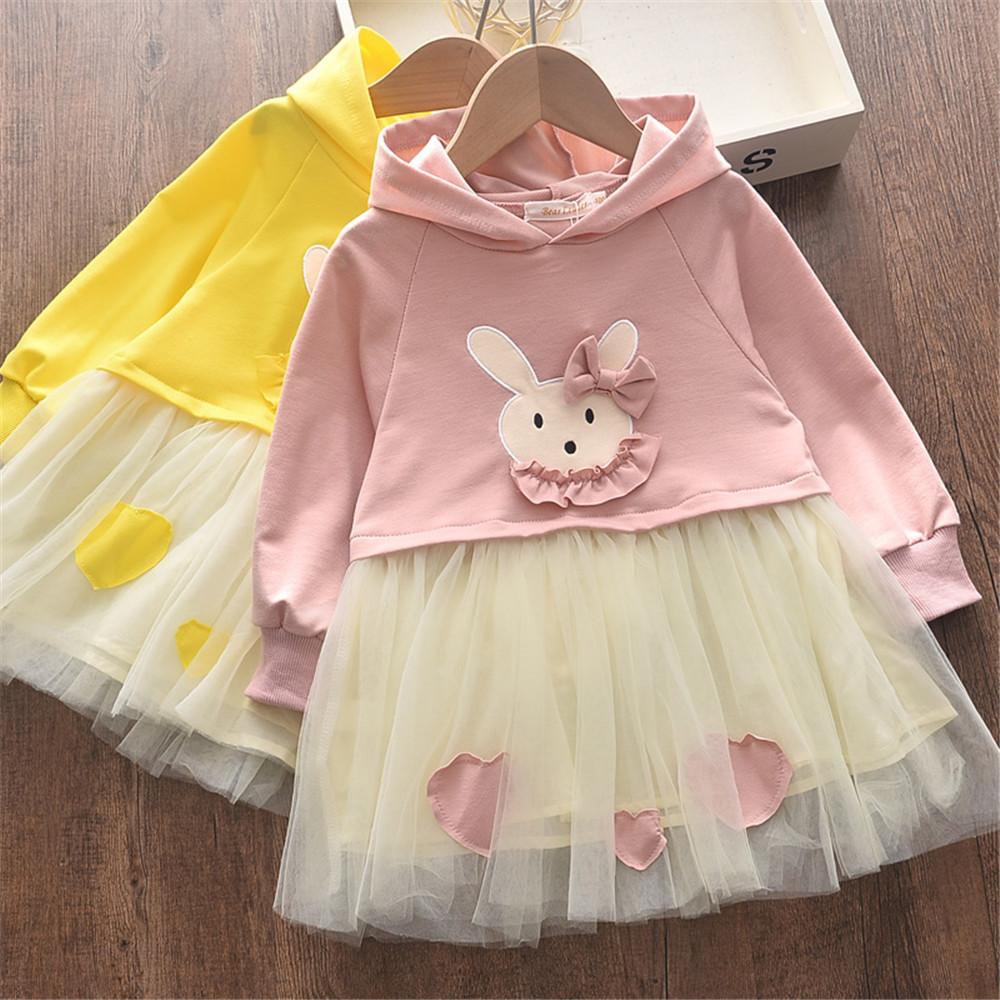 Girls Bunny Long-sleeve Hooded Tulle Dress