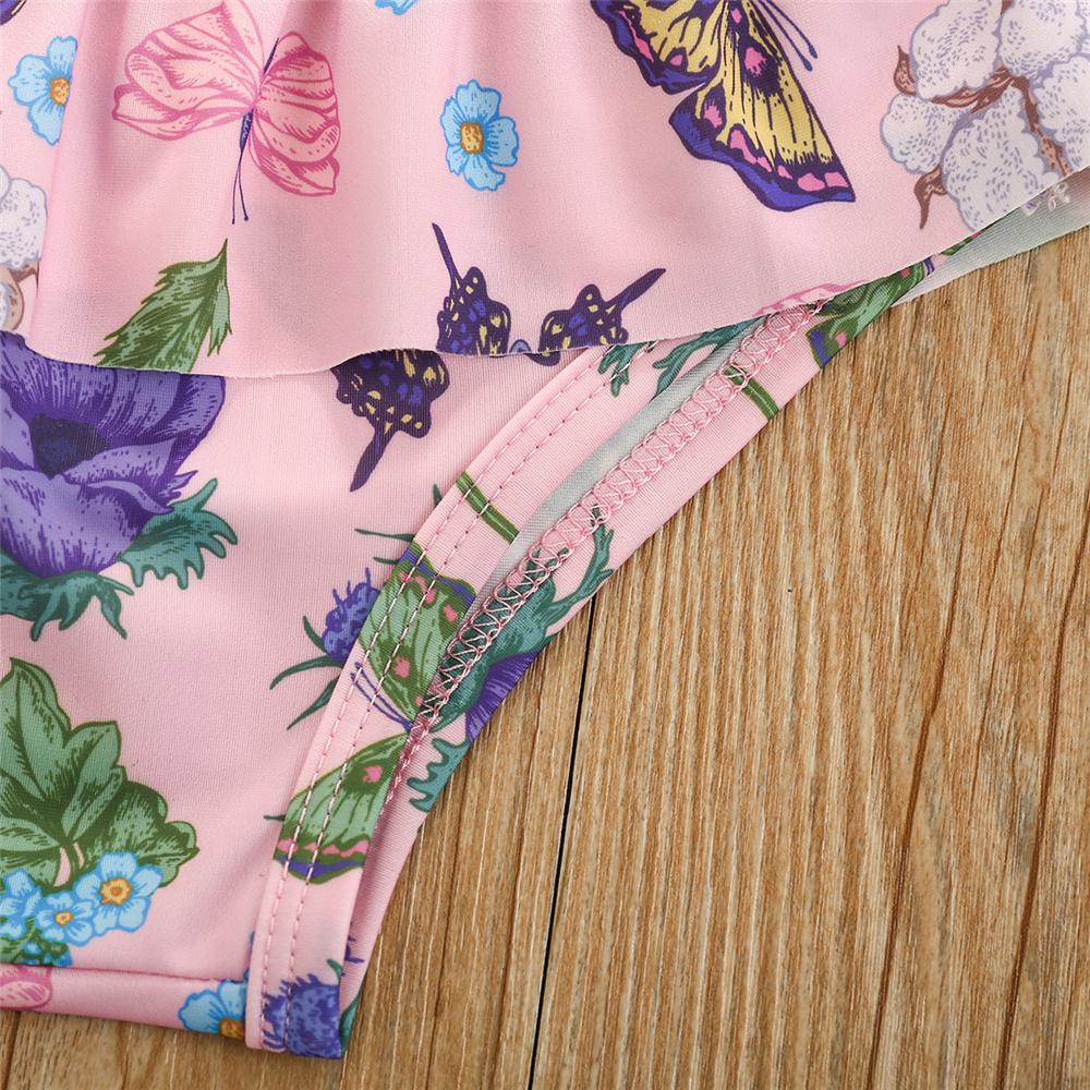 Girls Butterfly Floral Printed Oblique Top & Shorts Toddler 2 Piece Swimsuit