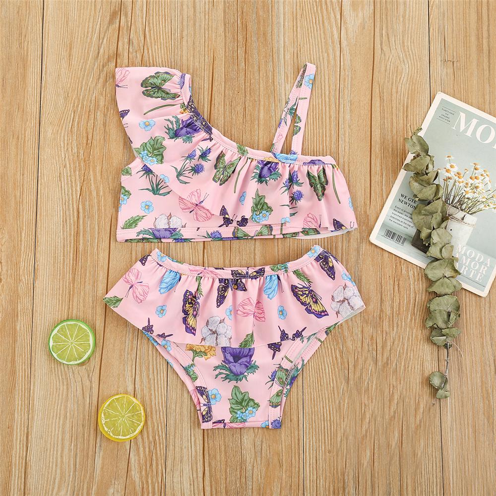 Girls Butterfly Floral Printed Oblique Top & Shorts Toddler 2 Piece Swimsuit