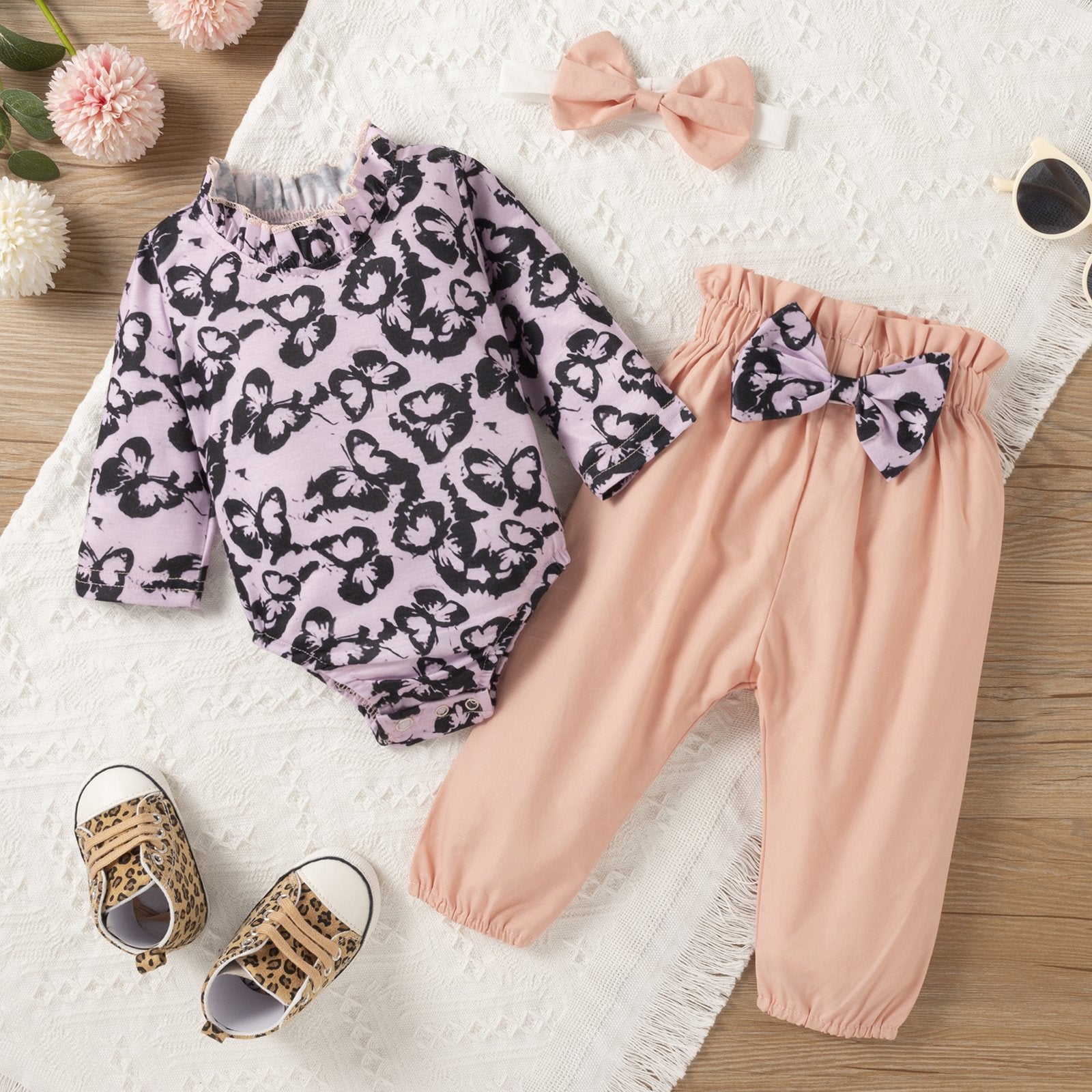 Baby Girls Butterfly Printed Long Sleeve Romper & Pants & Headband Wholesale Baby Clothes