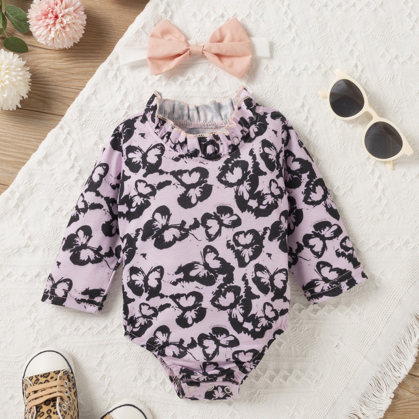Baby Girls Butterfly Printed Long Sleeve Romper & Pants & Headband Wholesale Baby Clothes