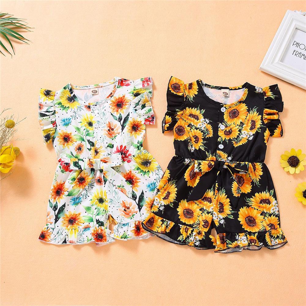 Girls Button Floral Printed Short Sleeve Jumpsuit wholesale childrens clothing