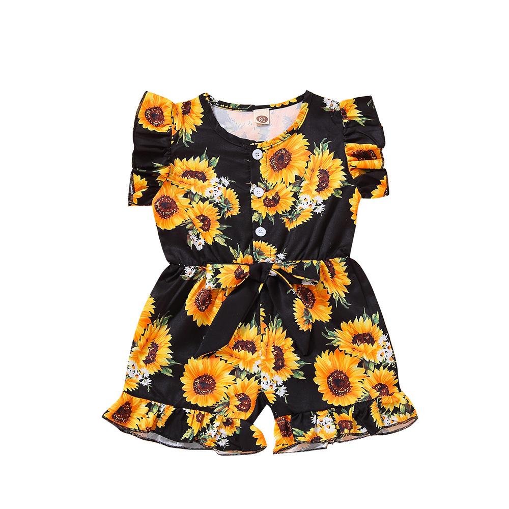 Girls Button Floral Printed Short Sleeve Jumpsuit wholesale childrens clothing