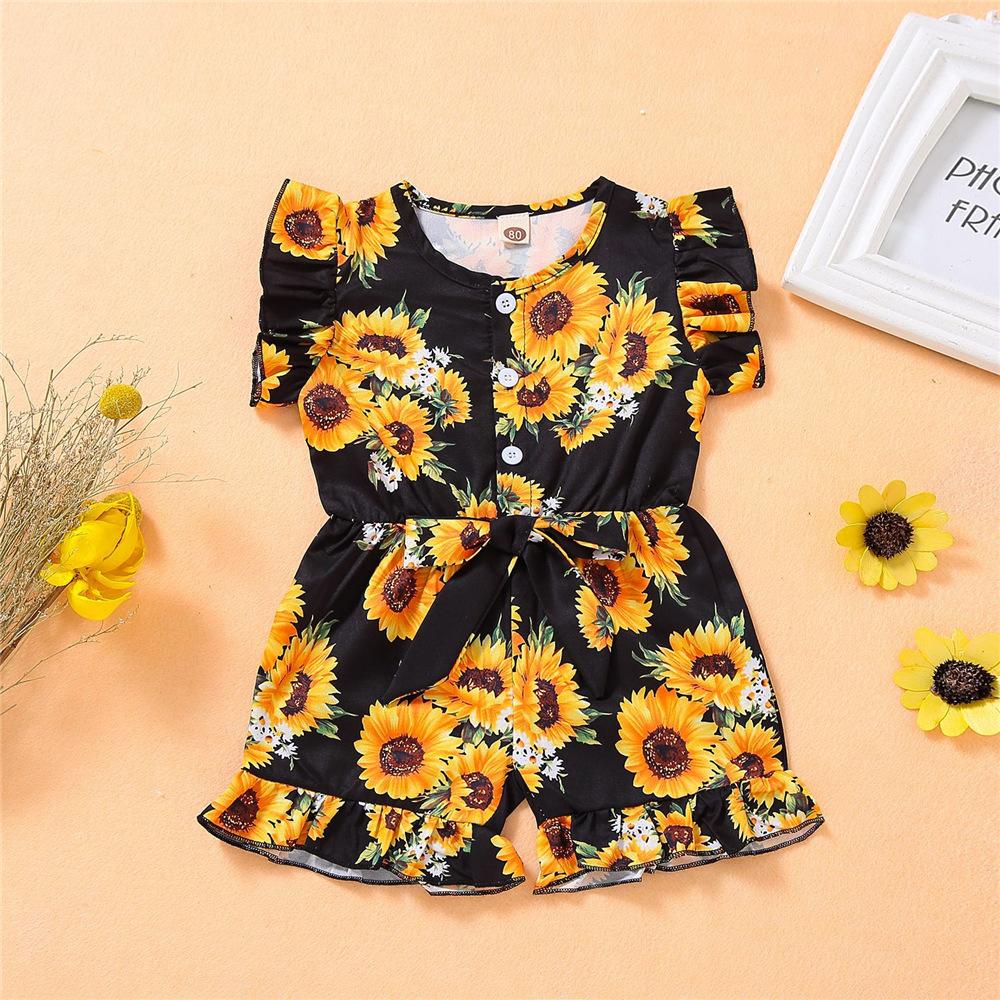 Girls Button Floral Printed Short Sleeve Jumpsuit wholesale childrens clothing