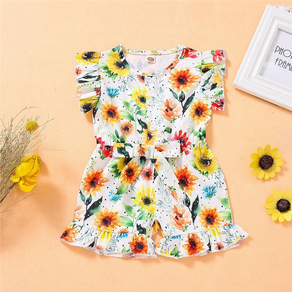 Girls Button Floral Printed Short Sleeve Jumpsuit wholesale childrens clothing