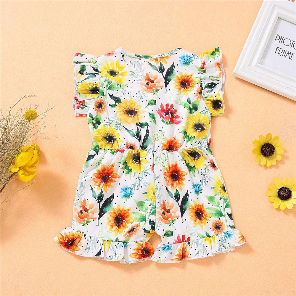 Girls Button Floral Printed Short Sleeve Jumpsuit wholesale childrens clothing