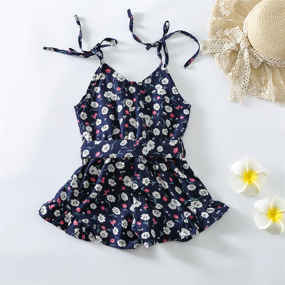 Girls Button Floral Printed Sling Summer Jumpsuit trendy kids wholesale clothing