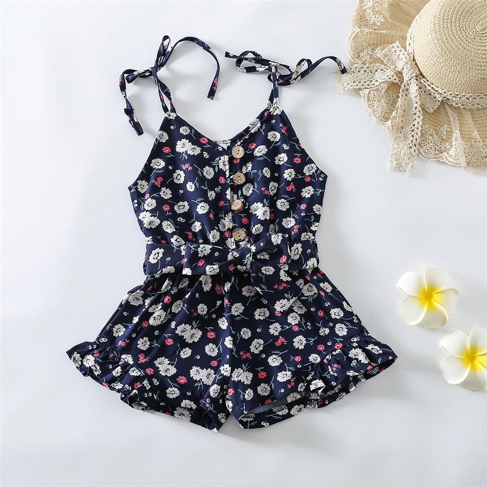 Girls Button Floral Printed Sling Summer Jumpsuit trendy kids wholesale clothing