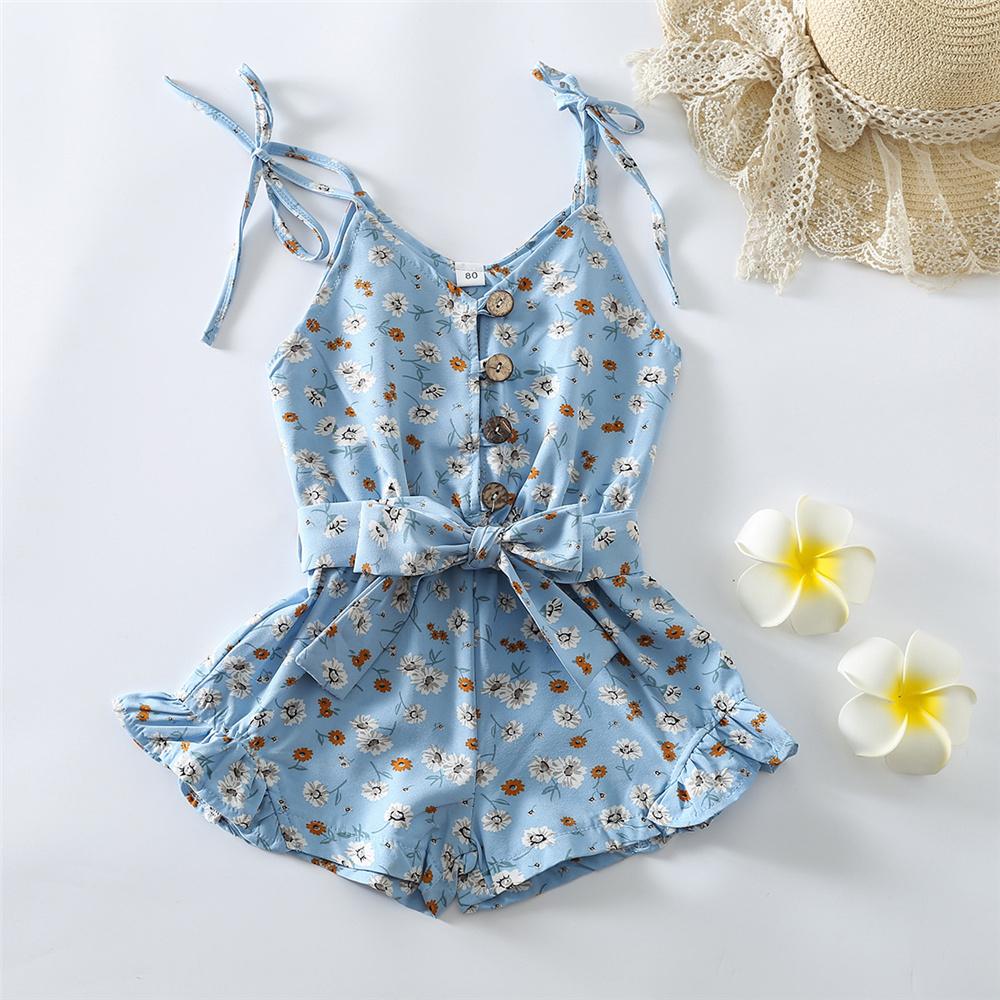 Girls Button Flower Printed Sling Jumpsuit kids clothing wholesale