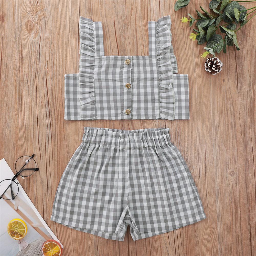 Girls Button Plaid Ruffled Sling Top & Shorts kids wholesale clothing