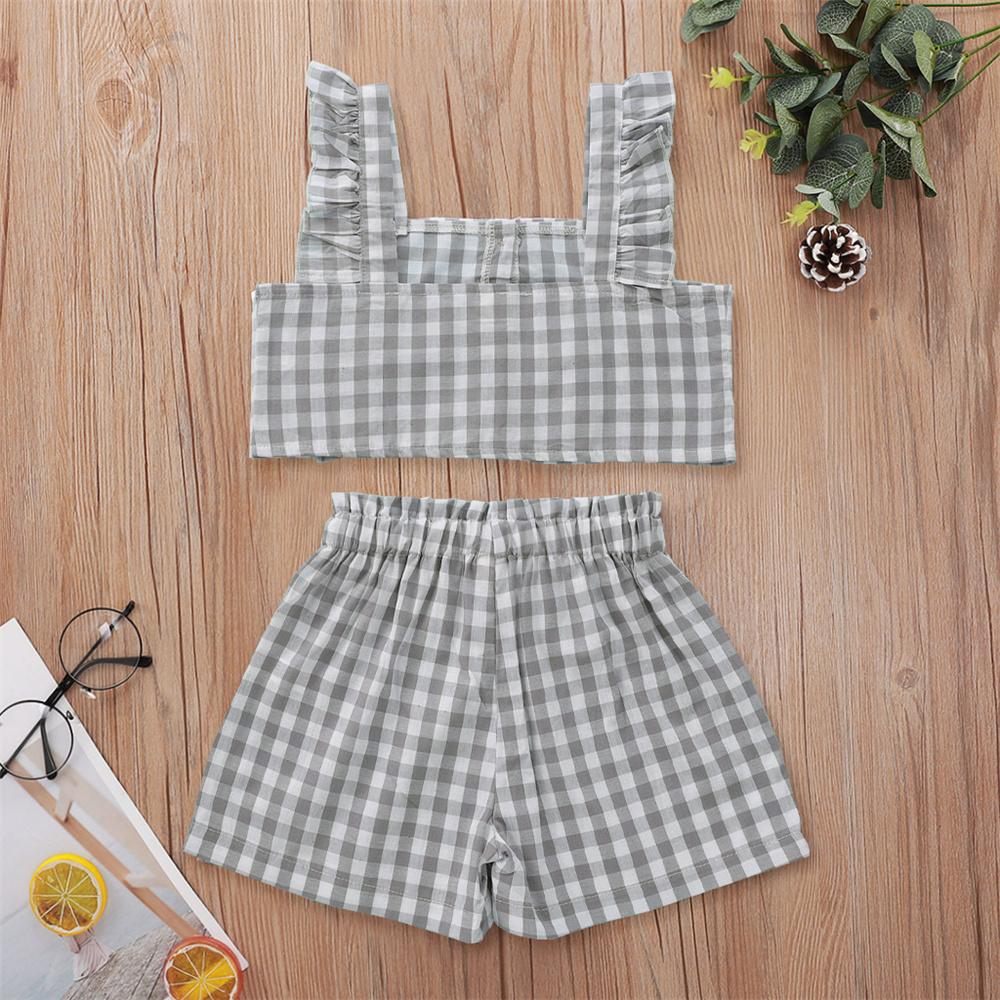 Girls Button Plaid Ruffled Sling Top & Shorts kids wholesale clothing