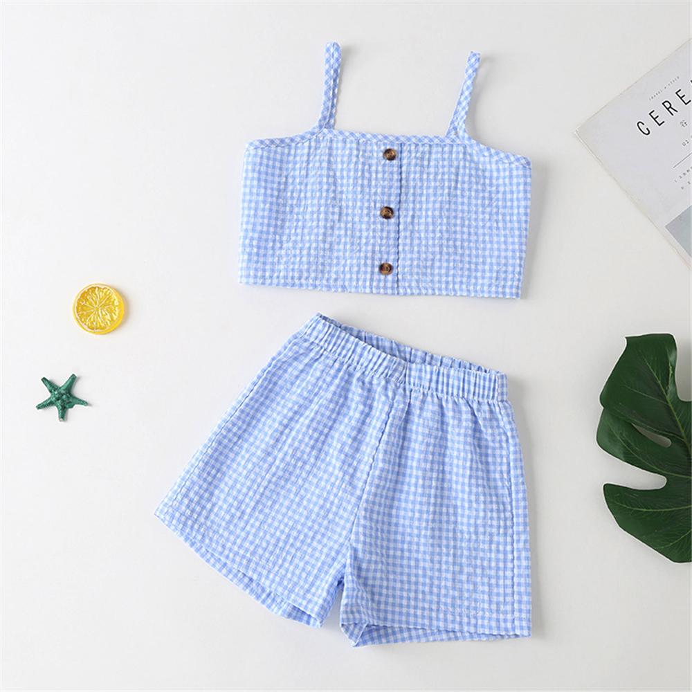 Girls Button Plaid Sling Top & Shorts kids wholesale clothing