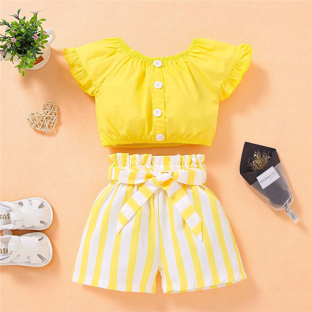 Girls Button Short Sleeve Solid Top & Striped Shorts wholesale kids boutique clothing