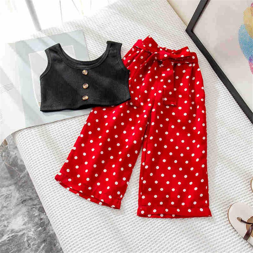 Girls Button Sleeveless Top & Polka Dot Pants childrens wholesale clothing