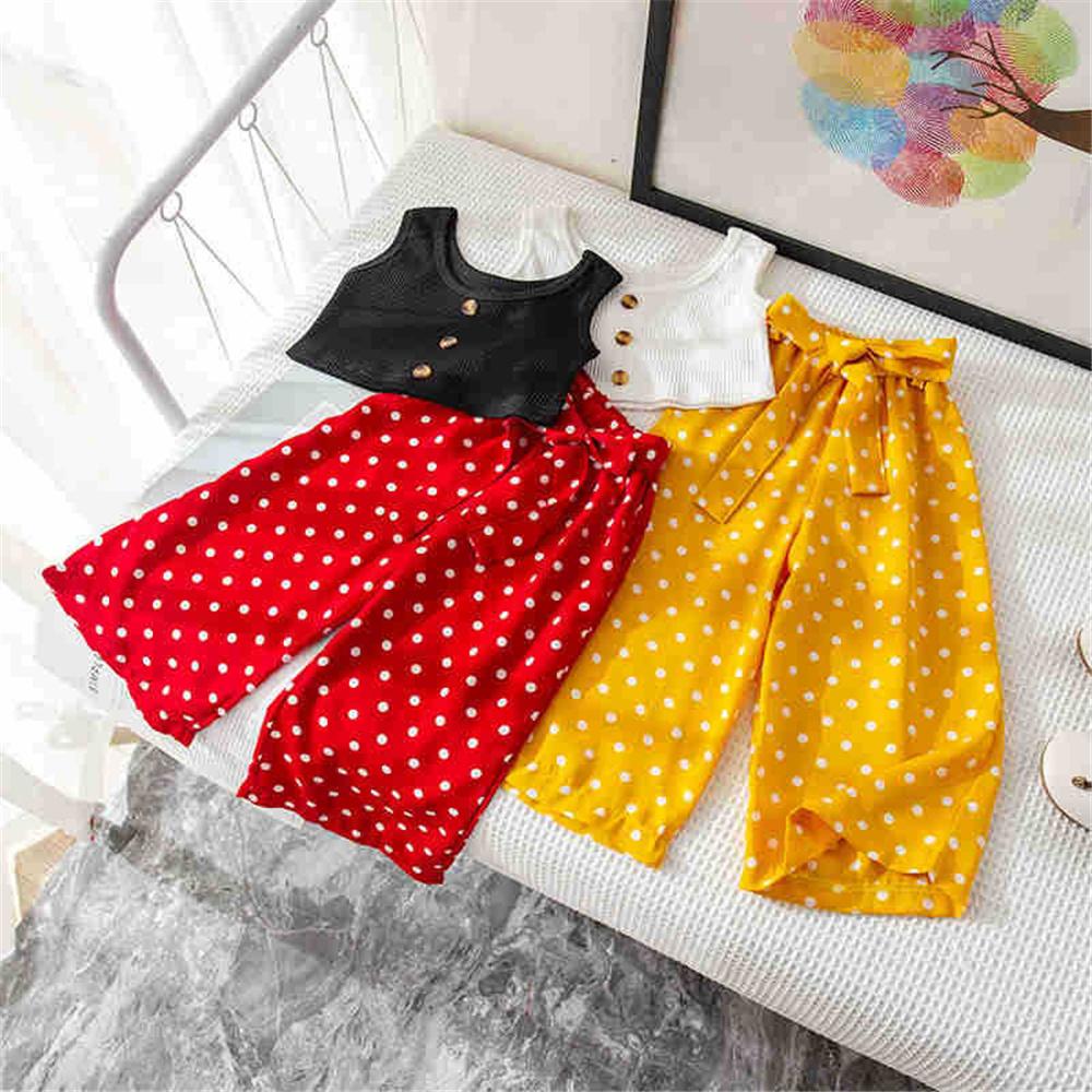 Girls Button Sleeveless Top & Polka Dot Pants childrens wholesale clothing