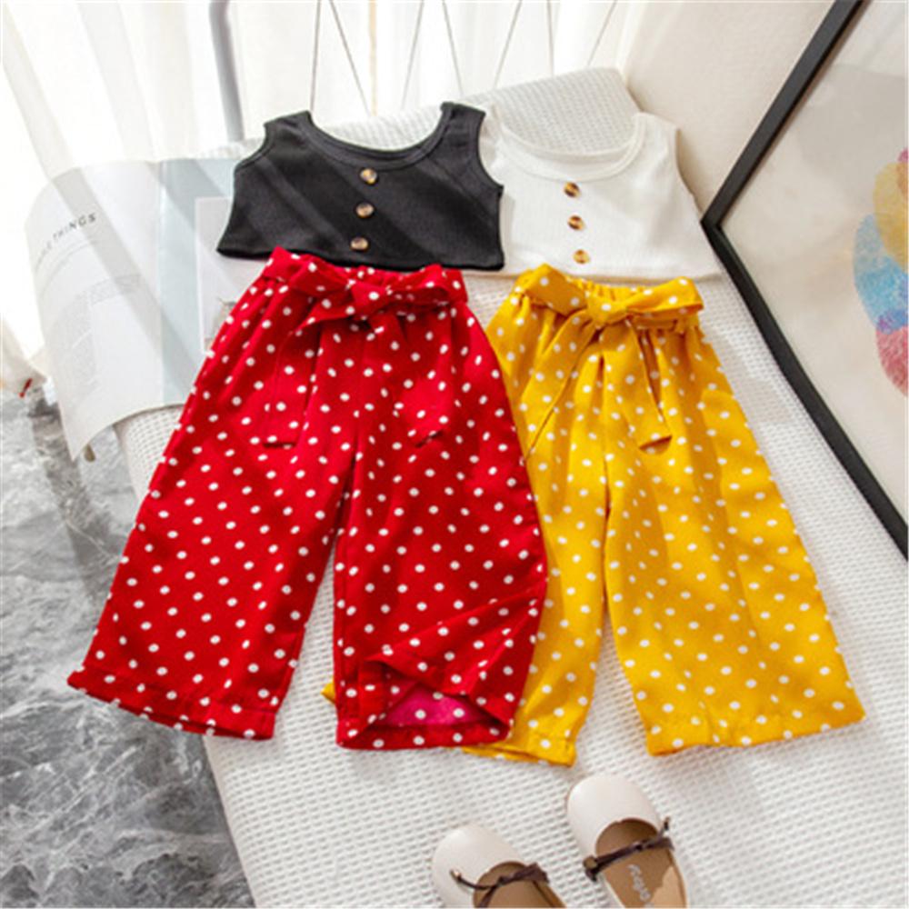 Girls Button Sleeveless Top & Polka Dot Pants childrens wholesale clothing