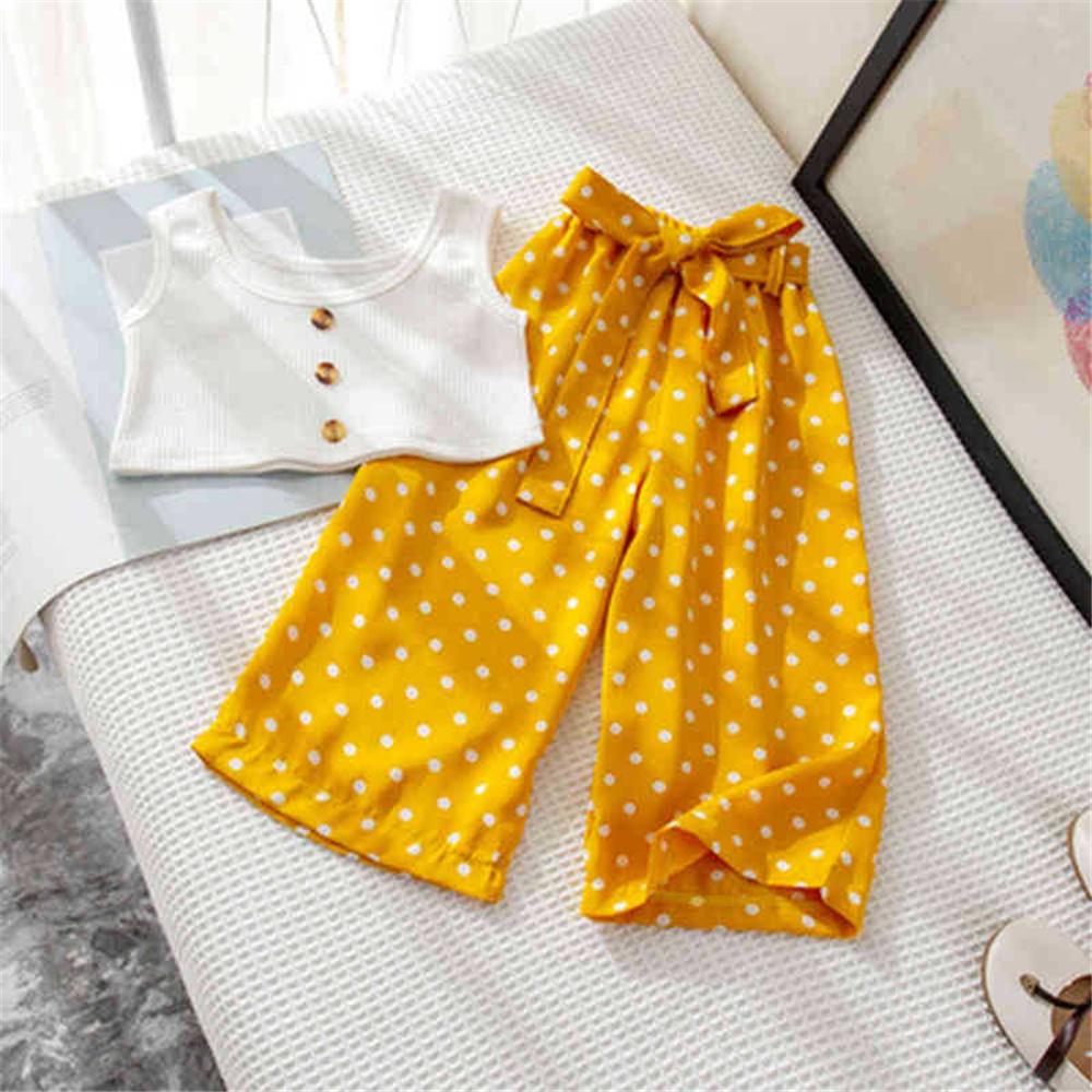 Girls Button Sleeveless Top & Polka Dot Pants childrens wholesale clothing