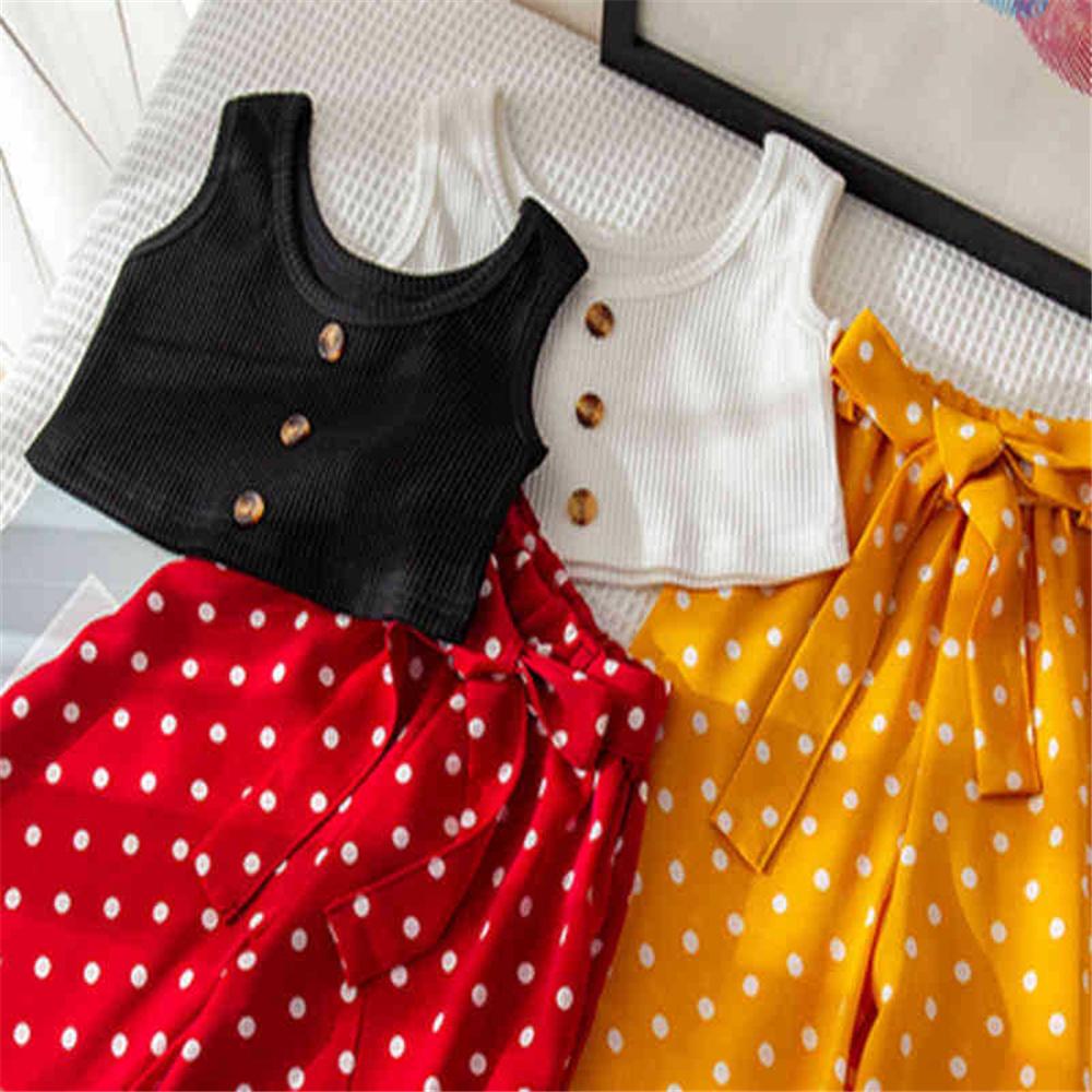 Girls Button Sleeveless Top & Polka Dot Pants childrens wholesale clothing