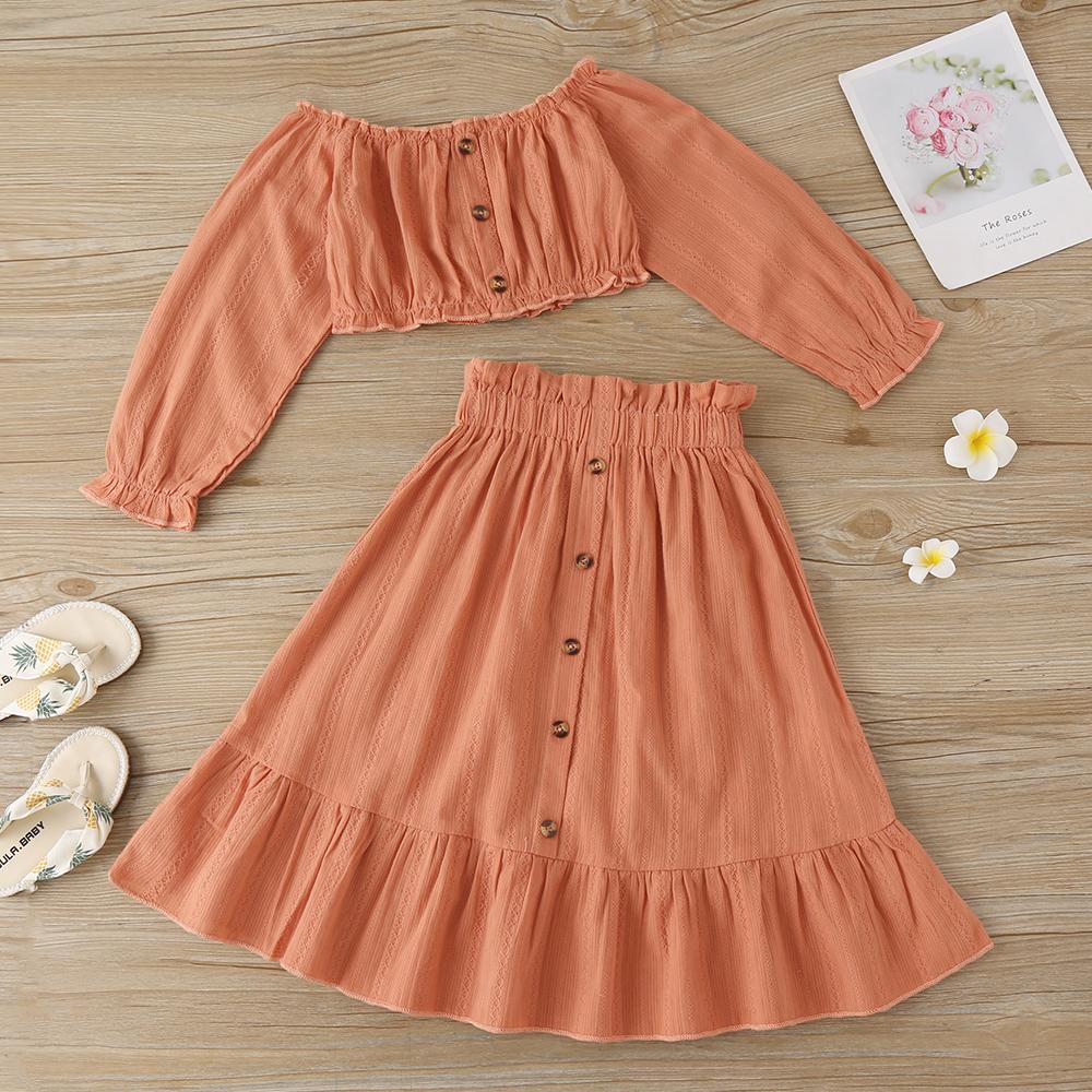 Girls Button Solid Long Sleeve Top & Skirt wholesale kids clothes