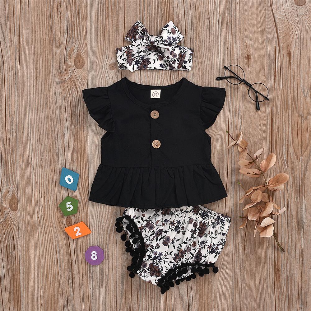 Girls Button Solid Short Sleeve Top & Shorts & Headband wholesale children's boutique clothing suppliers