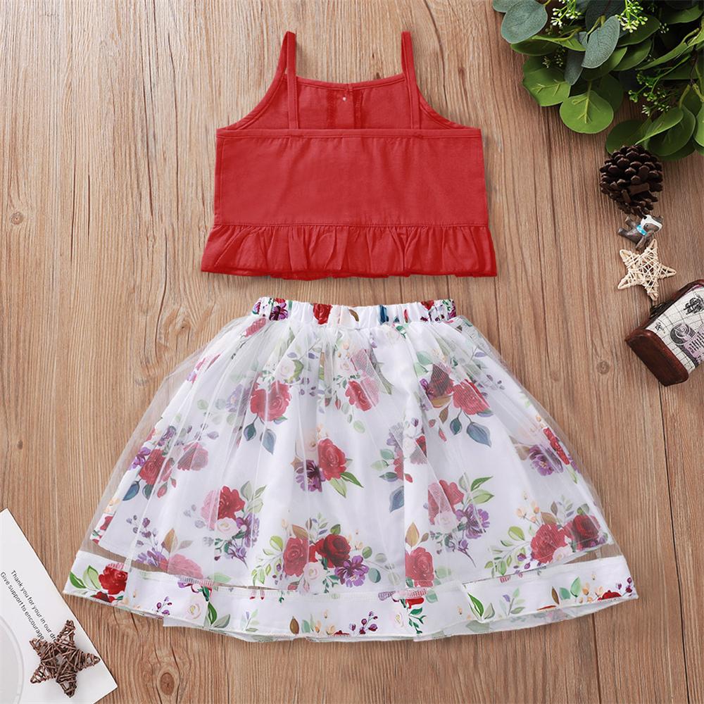 Girls Button Solid Tank Top & Floral Printed Skirt Cheap Childrens Clothes Wholesale