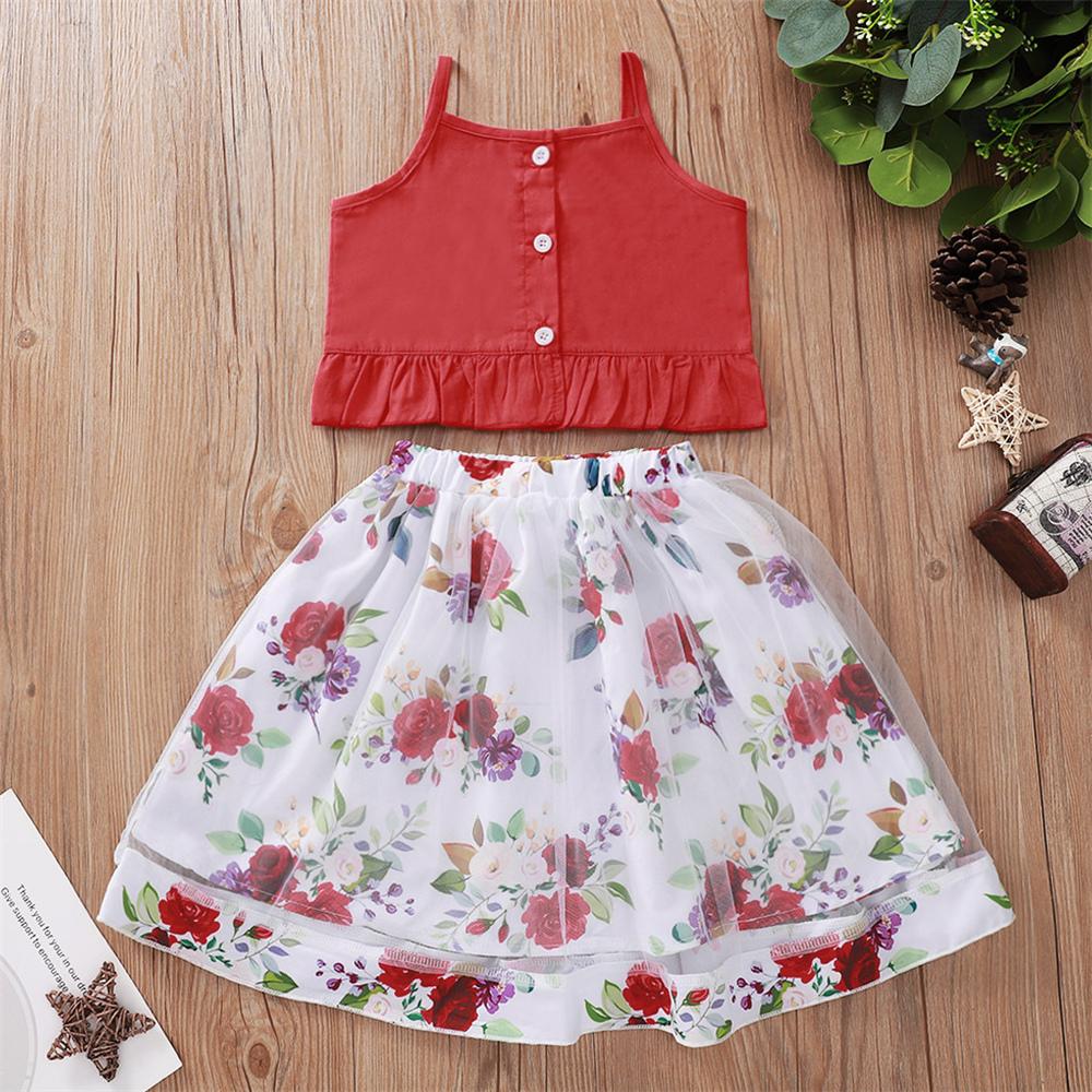 Girls Button Solid Tank Top & Floral Printed Skirt Cheap Childrens Clothes Wholesale