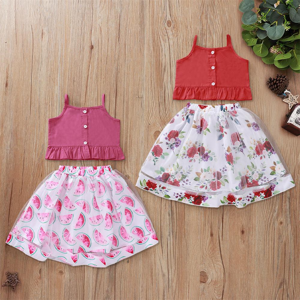 Girls Button Solid Tank Top & Floral Printed Skirt Cheap Childrens Clothes Wholesale