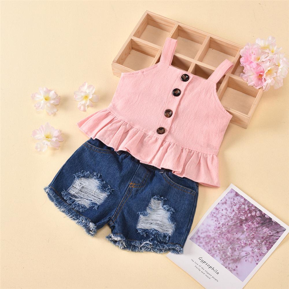 Girls Button Stylish Sling Top & Denim Ripped Shorts wholesale girls clothes