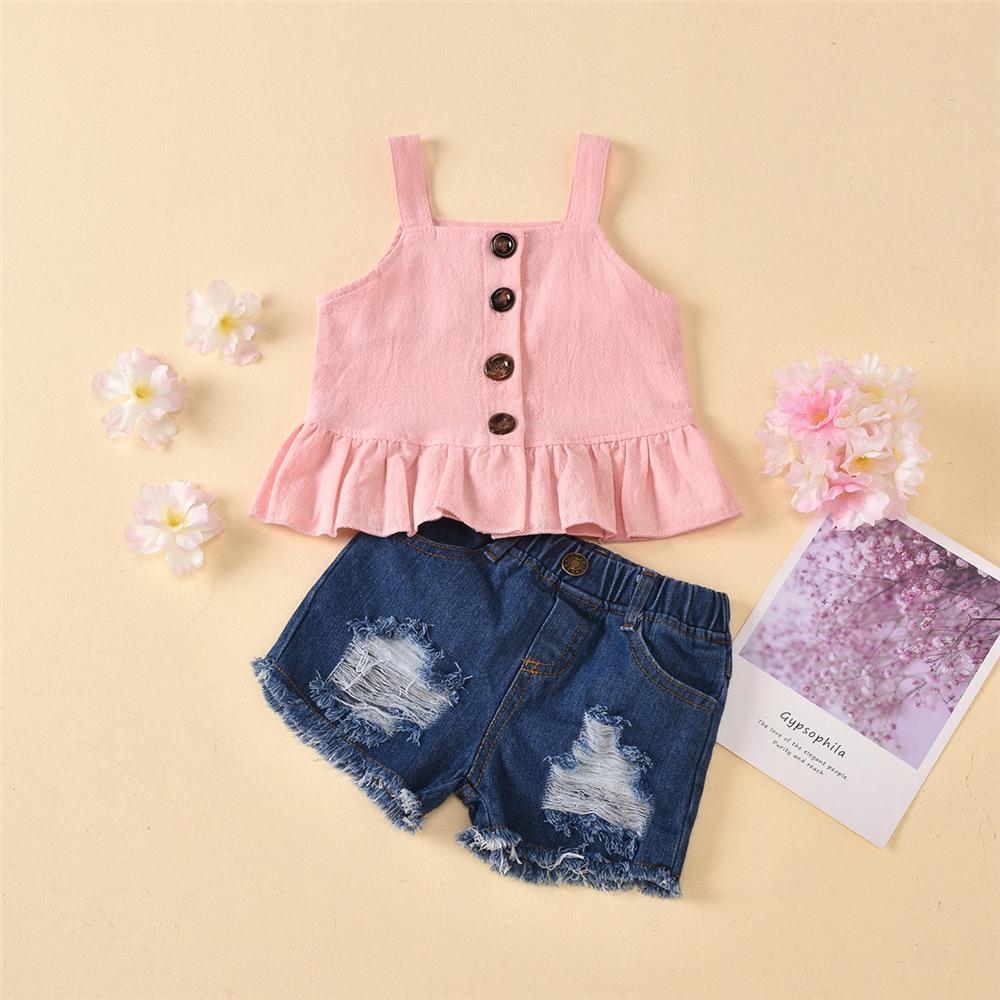 Girls Button Stylish Sling Top & Denim Ripped Shorts wholesale girls clothes