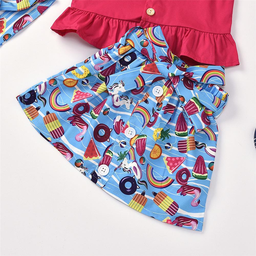 Girls Button Tie Up Sling Top & Cartoon Printed Skirt & Headband wholesale kids clothing suppliers