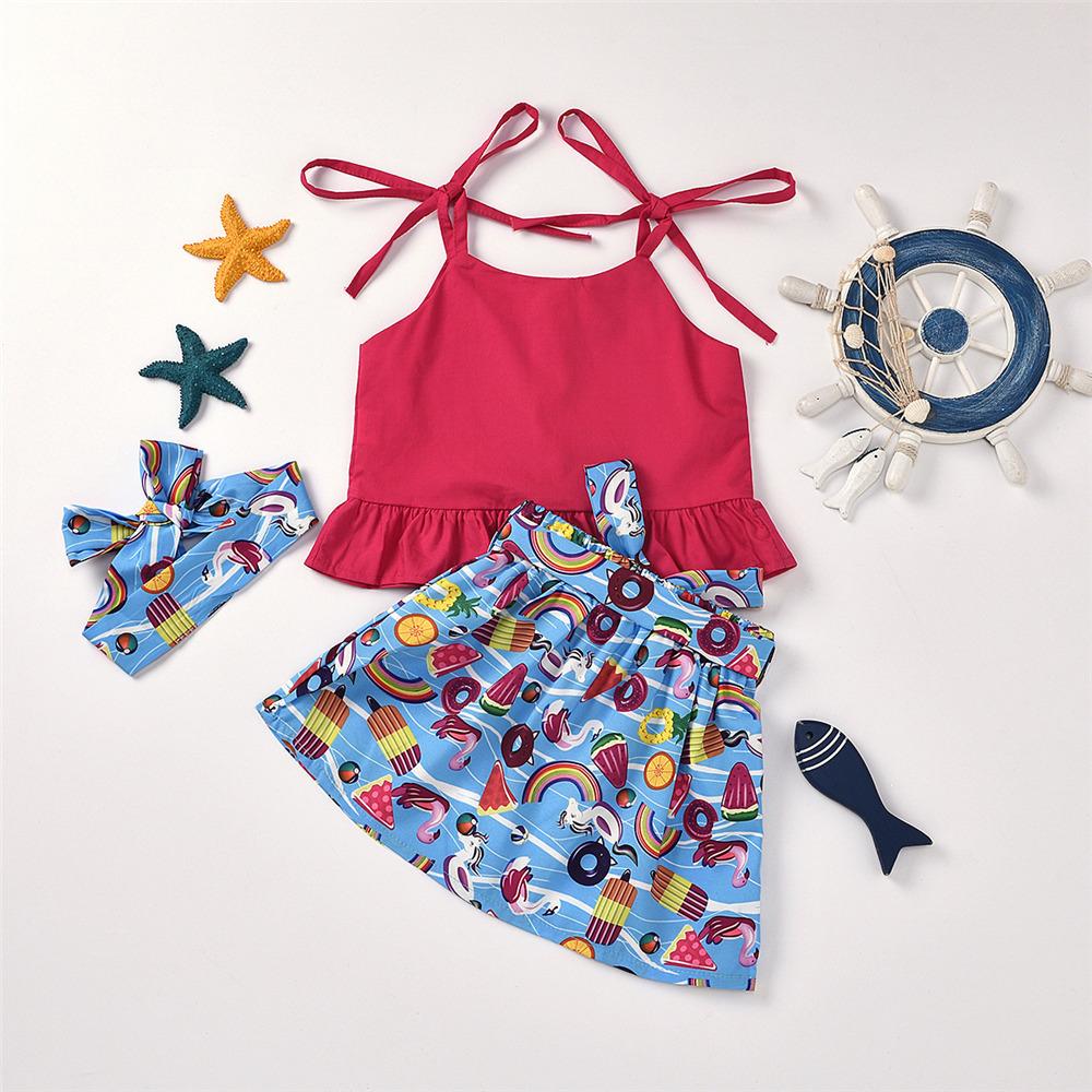 Girls Button Tie Up Sling Top & Cartoon Printed Skirt & Headband wholesale kids clothing suppliers