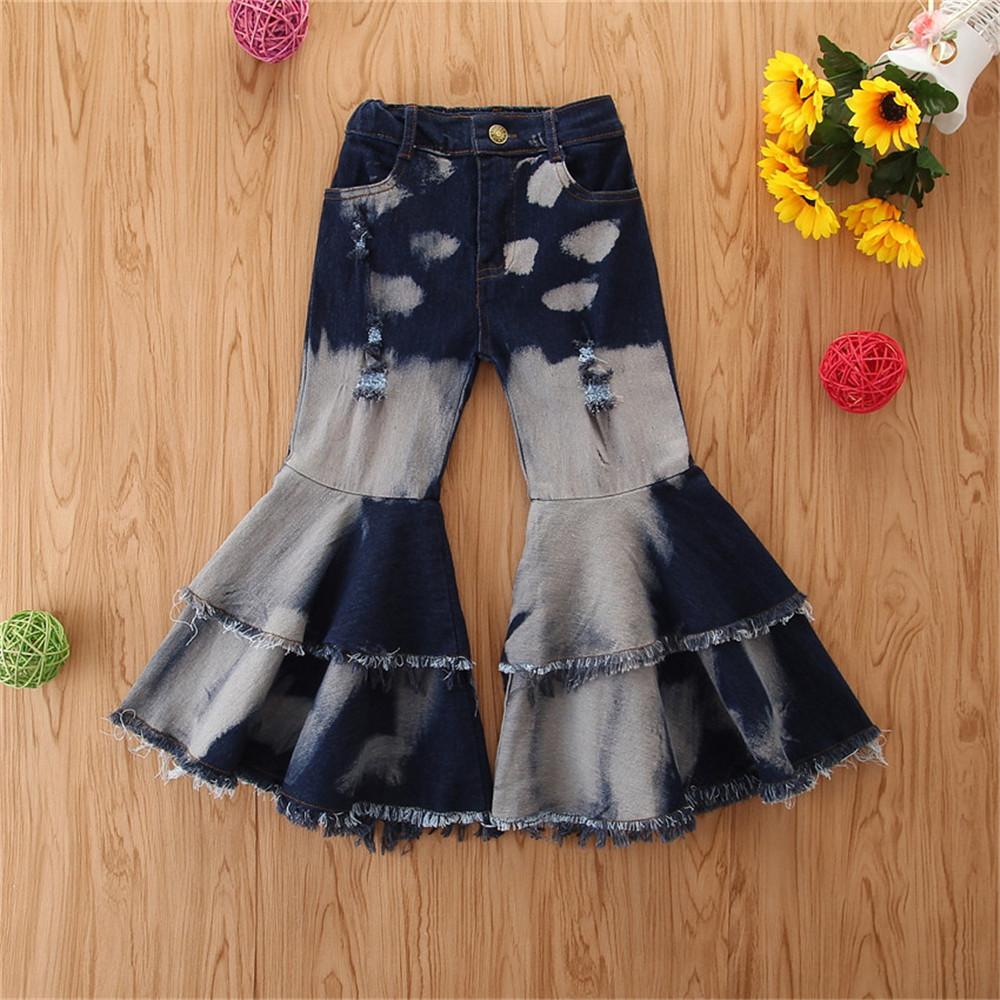 Girls Button Wig Leg Flared Ripped Jeans Little Girl Pants Wholesale